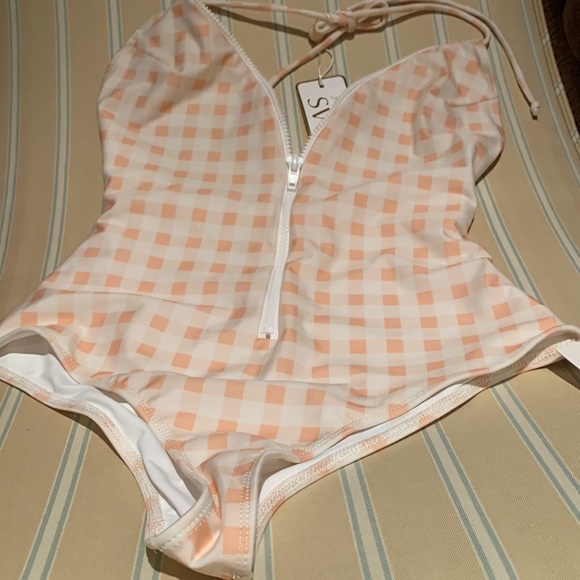 FOR LOVE & LEMONS ZIPPER FRONT SOFT PINK CHECK ONE PIECE SWIMSUIT SIZE SMALL - Picture 8 of 15